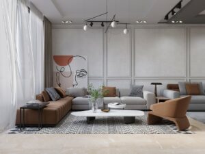 Devis Un salon moderne frappant avec des éléments de design contemporain.