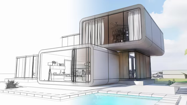 Contactez-nous Rendu 3D d’un projet de maison de luxe avec un jardin exquis et une piscine accueillante, mettant en valeur l’excellence architecturale.